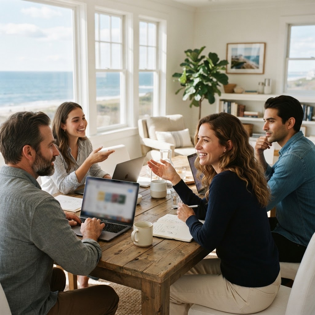 Marketing team collaborating in a Hamptons office