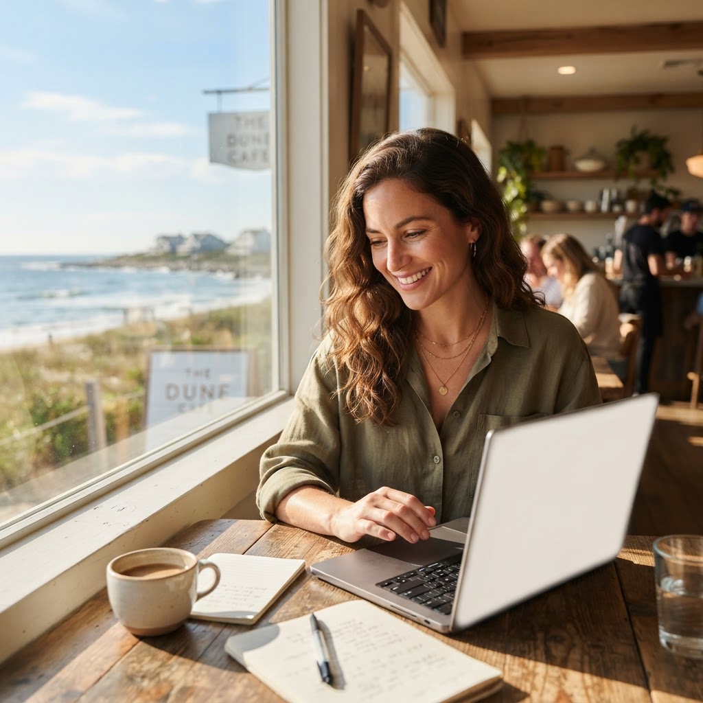Hamptons business owner browsing a website on a laptop