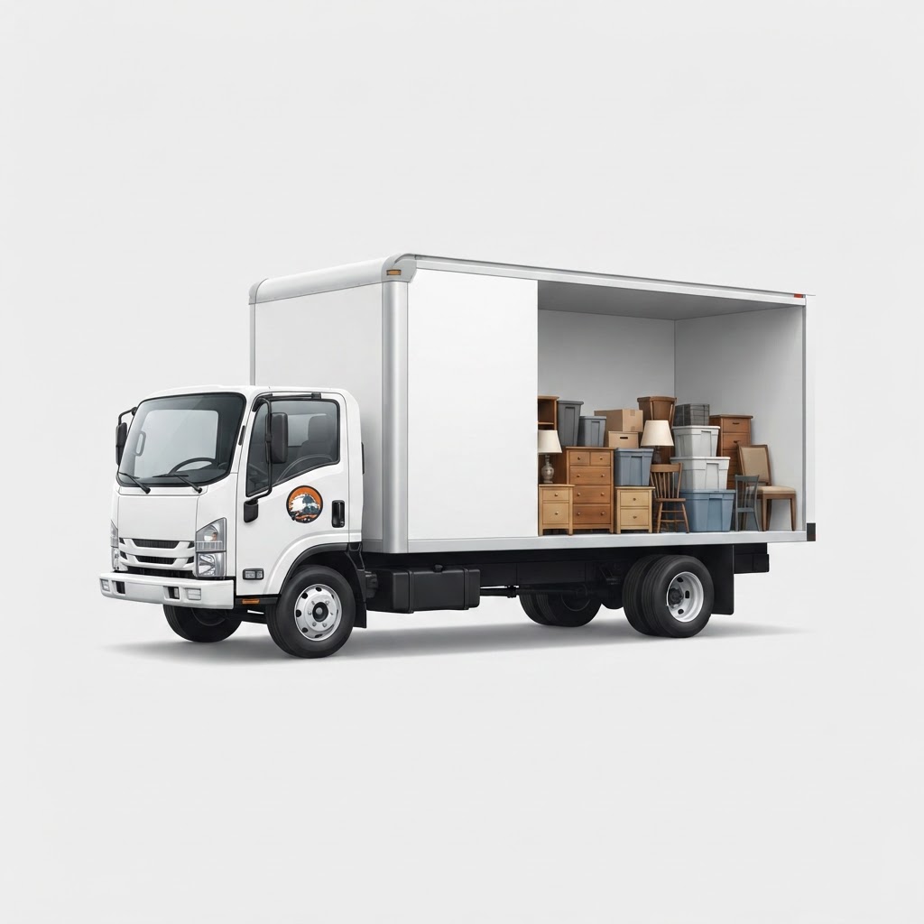C² Junk Removal box truck half full of household junk