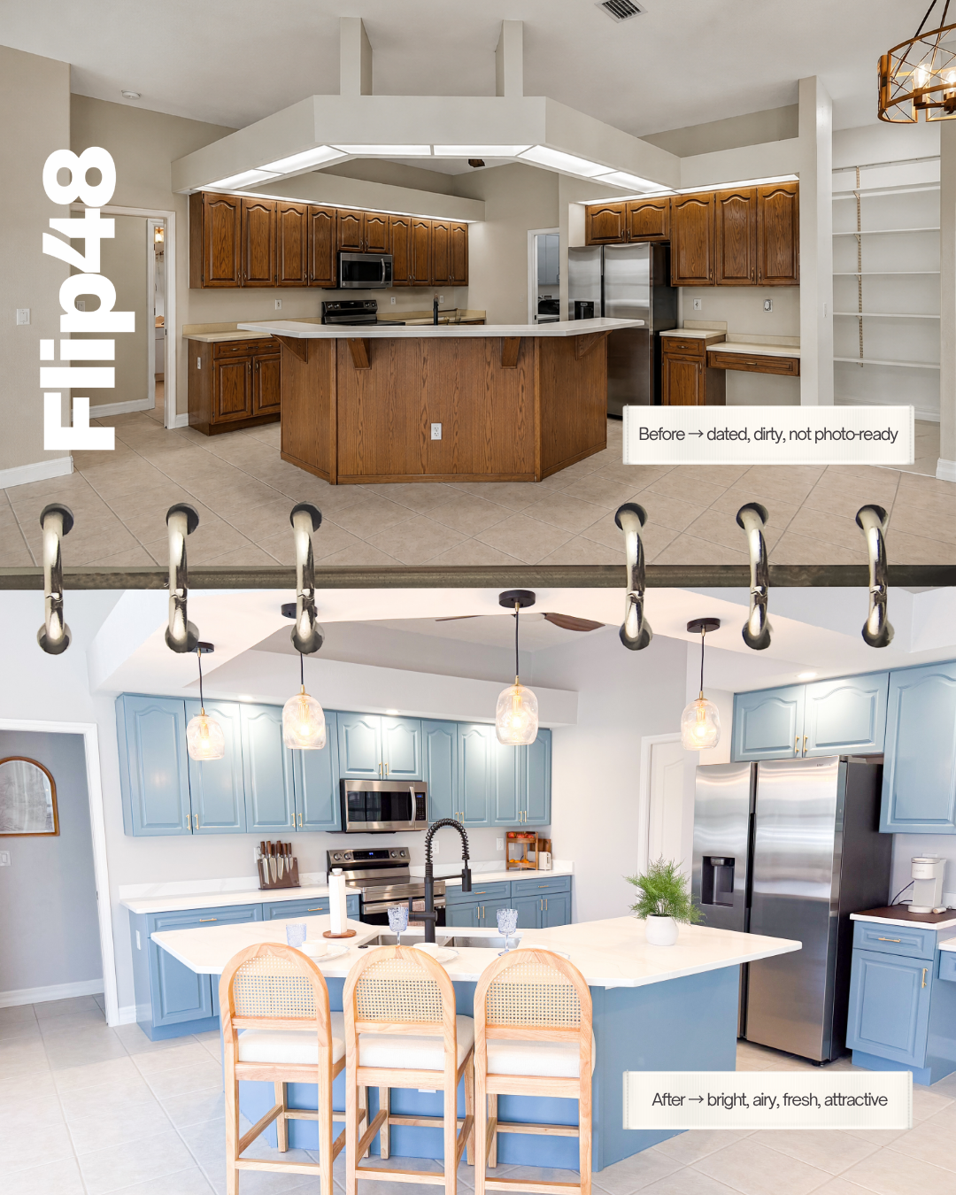 Before and after transformation — before: dated, dirty, not photo-ready, after: bright, airy, fresh, attractive