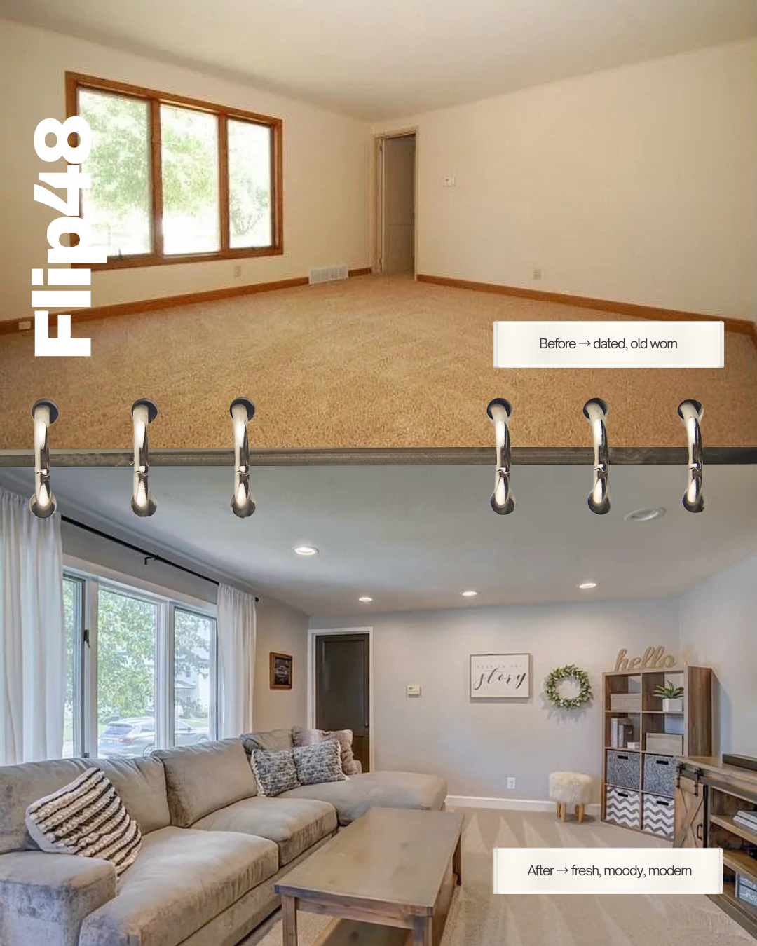 Before and after transformation — before: dated, old worn, after: fresh, moody, modern