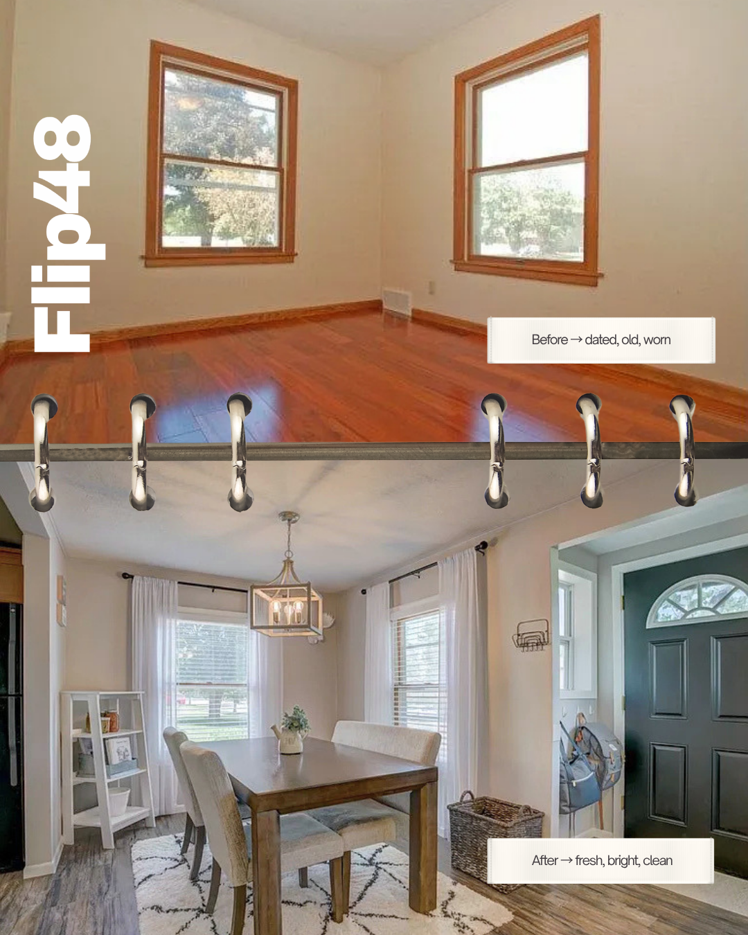 Before and after transformation — before: dated, old, worn, after: fresh, bright, clean