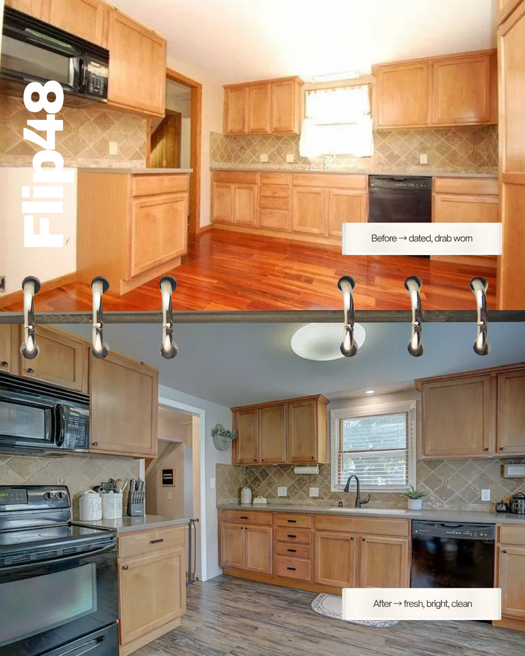 Before and after transformation — before: dated, drab worn, after: fresh, bright, clean