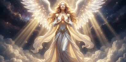 An angelic figure with large glowing wings standing in clouds