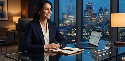 A businessperson in a suit at a desk with a city skyline at dusk