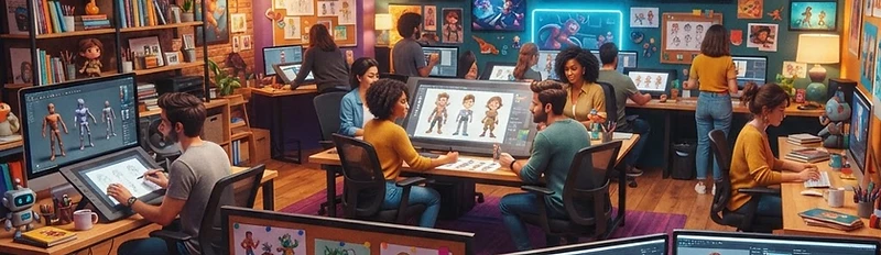 A vibrant cartoon animation studio with colorful animated characters on screens