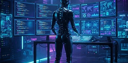 A humanoid robot facing multiple glowing computer screens with code