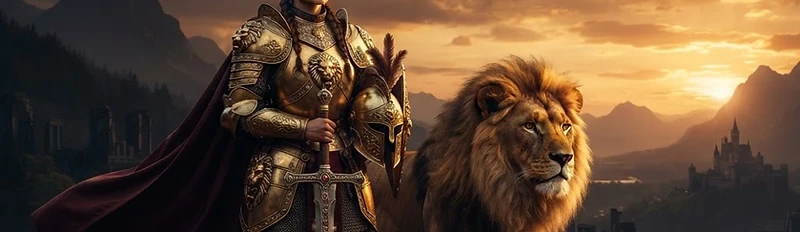 A medieval warrior in golden armor standing beside a lion