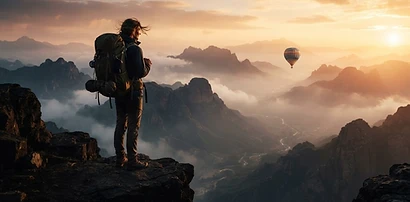 A traveler with a backpack overlooking misty mountains and a hot air balloon