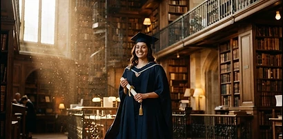 A student in an academic gown standing in a grand library with tall bookshelves