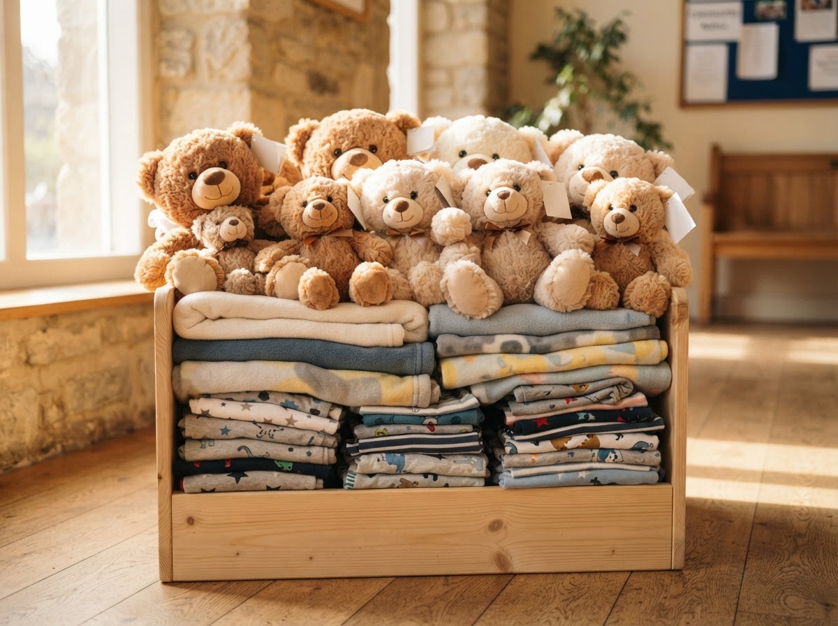 Donation box with teddy bears, blankets, and pajama bottoms