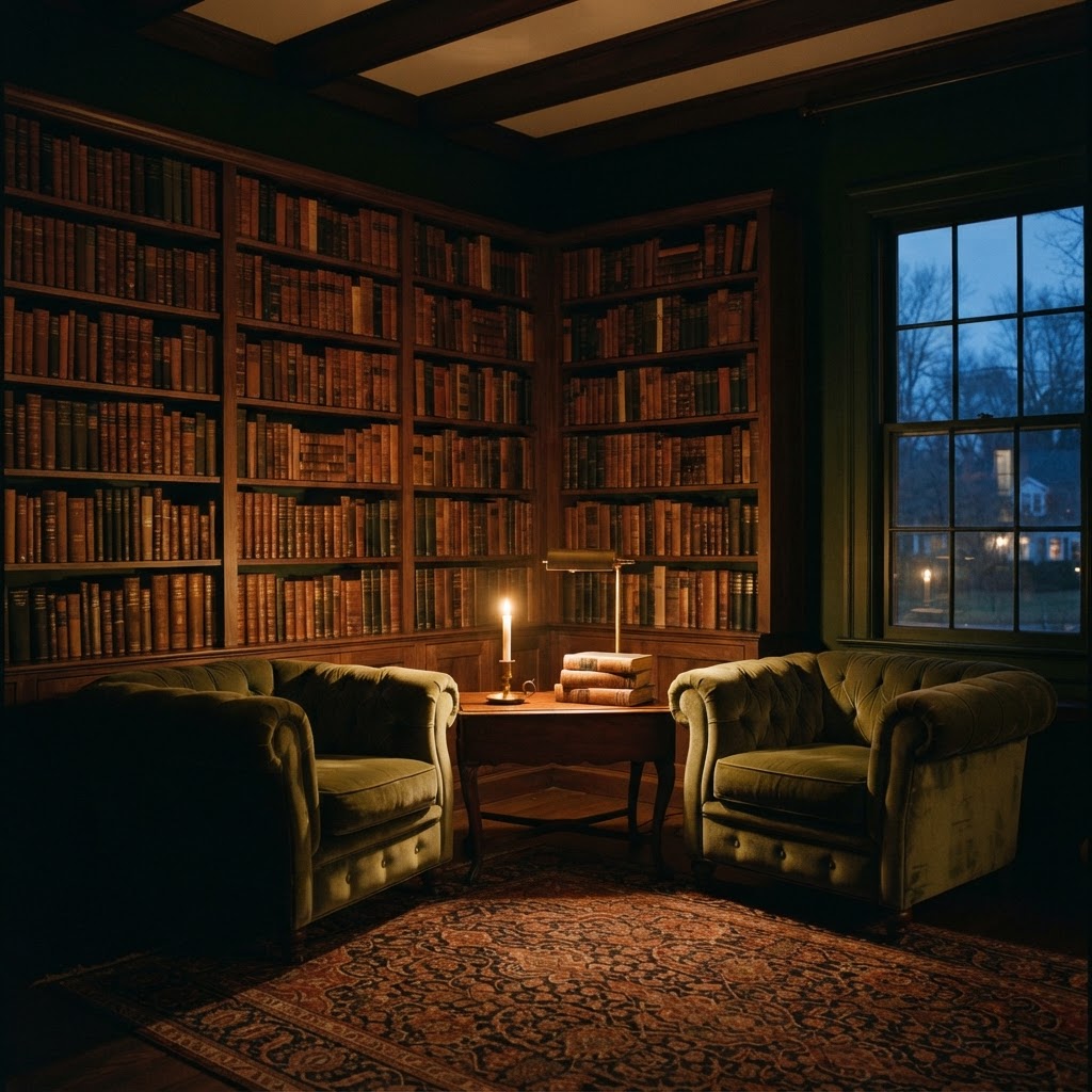 A candle-lit private library