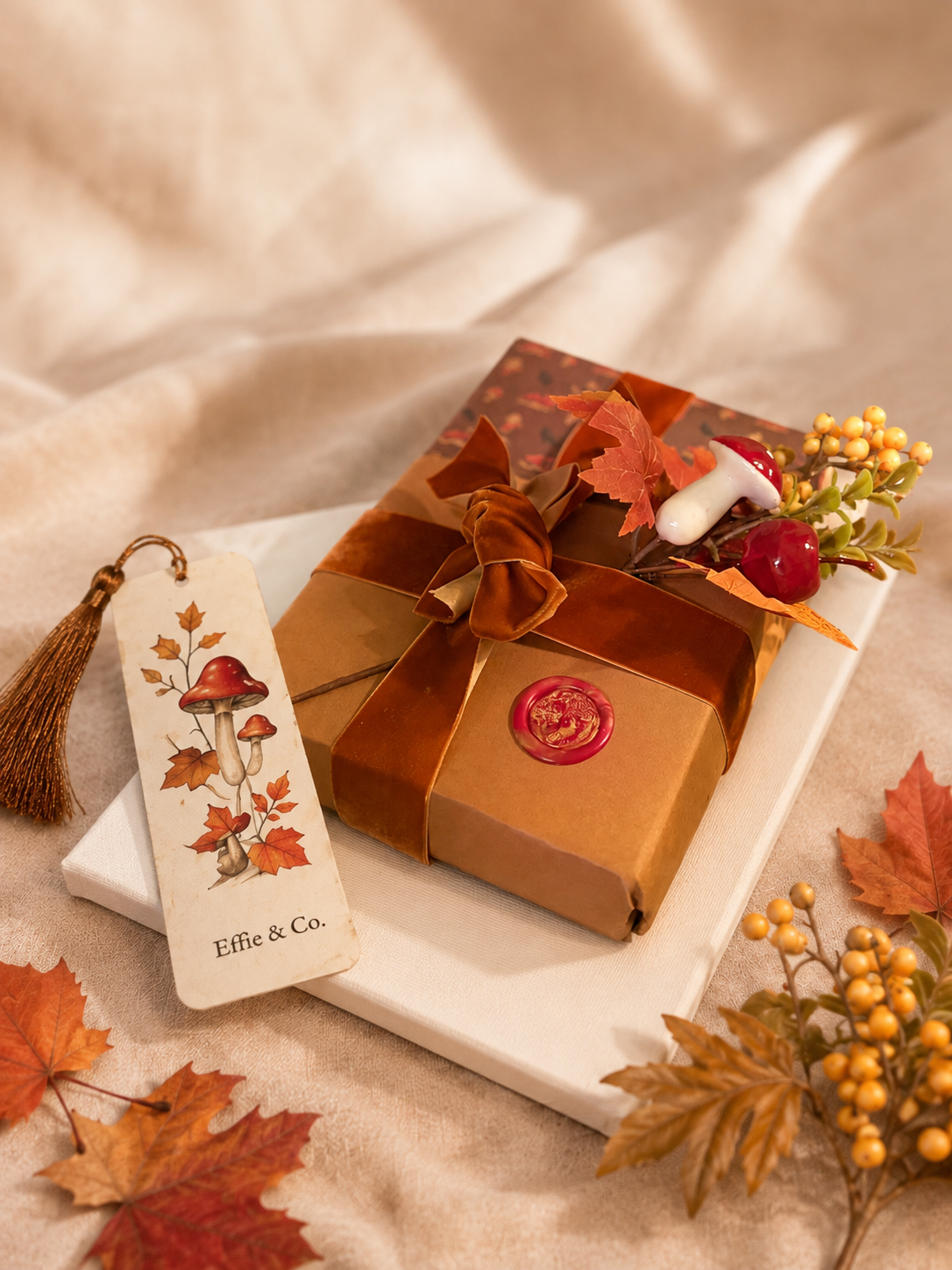 An opened Effie & Co. box with wrapped book, bookmark, candle and note