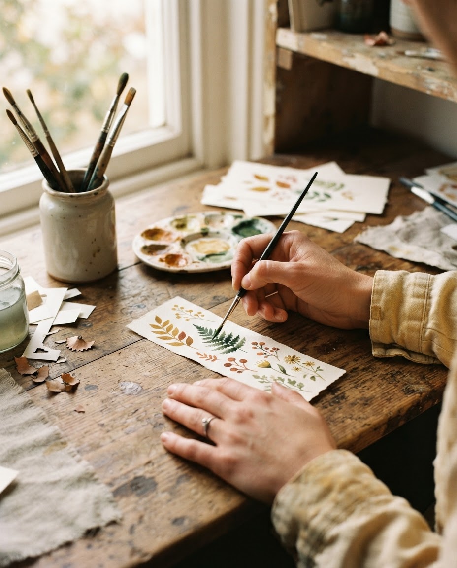 The illustrator painting a botanical bookmark in gouache at her desk