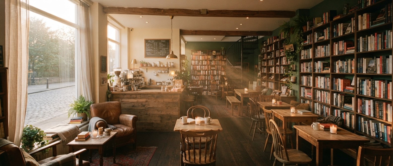 A warm independent bookshop and coffee house interior at golden hour