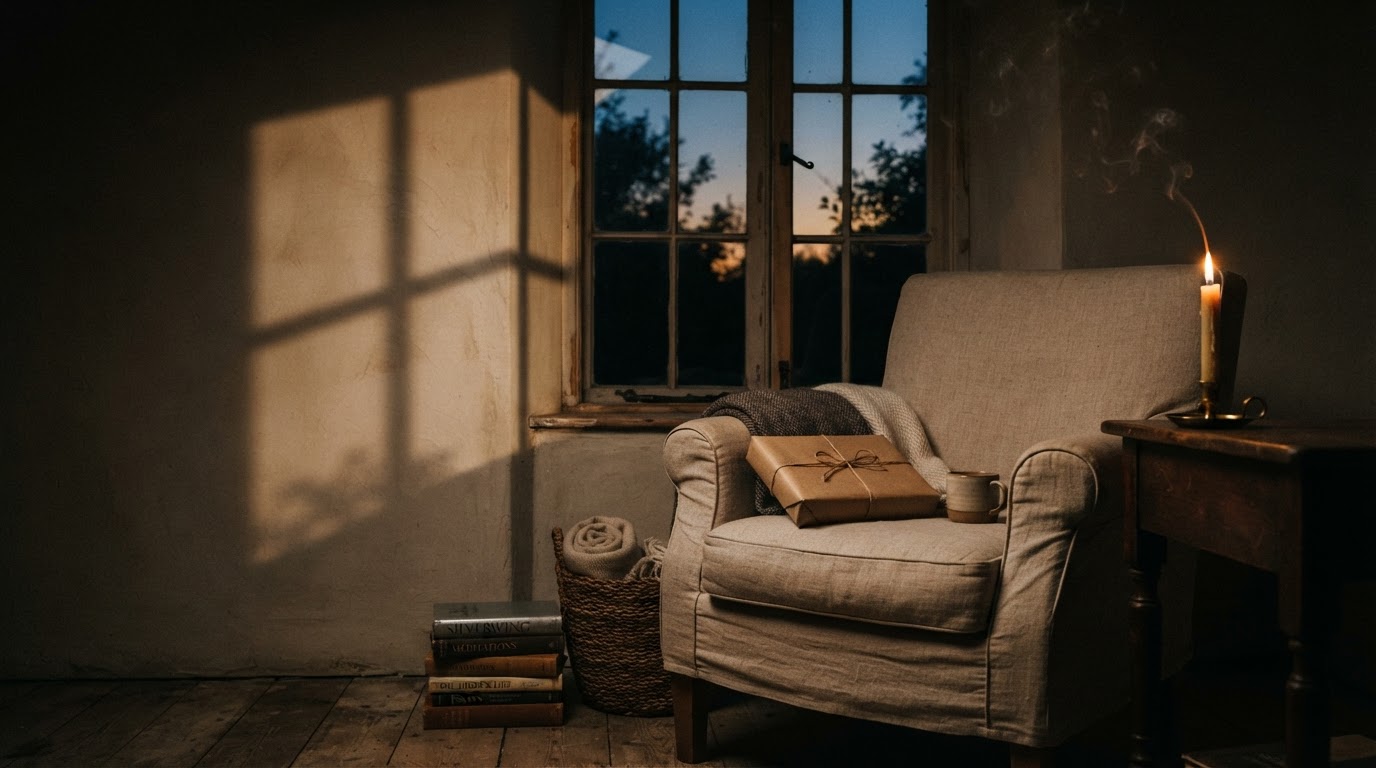Candle-lit reading nook with a wrapped mystery book on a linen chair