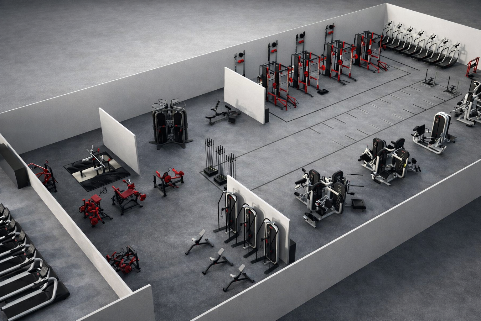 Isometric 3D gym floor plan render