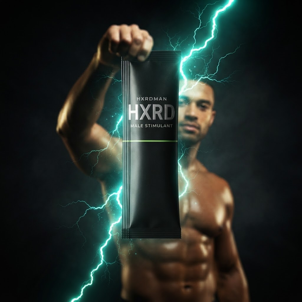A powerful man holding an HXRD sachet aloft with electric lightning bursting from it, drawing strength and power from the product