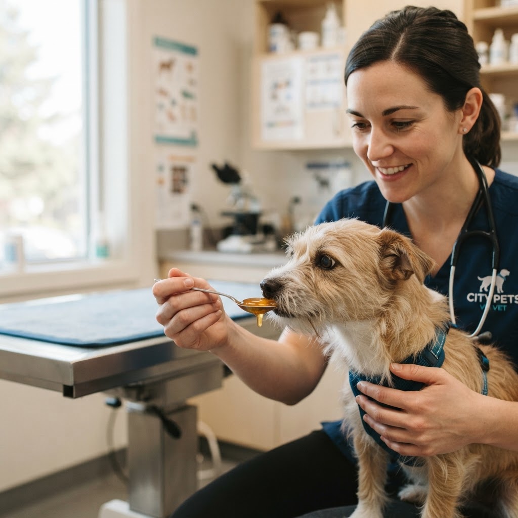 Veterinário oferecendo mel para cachorro