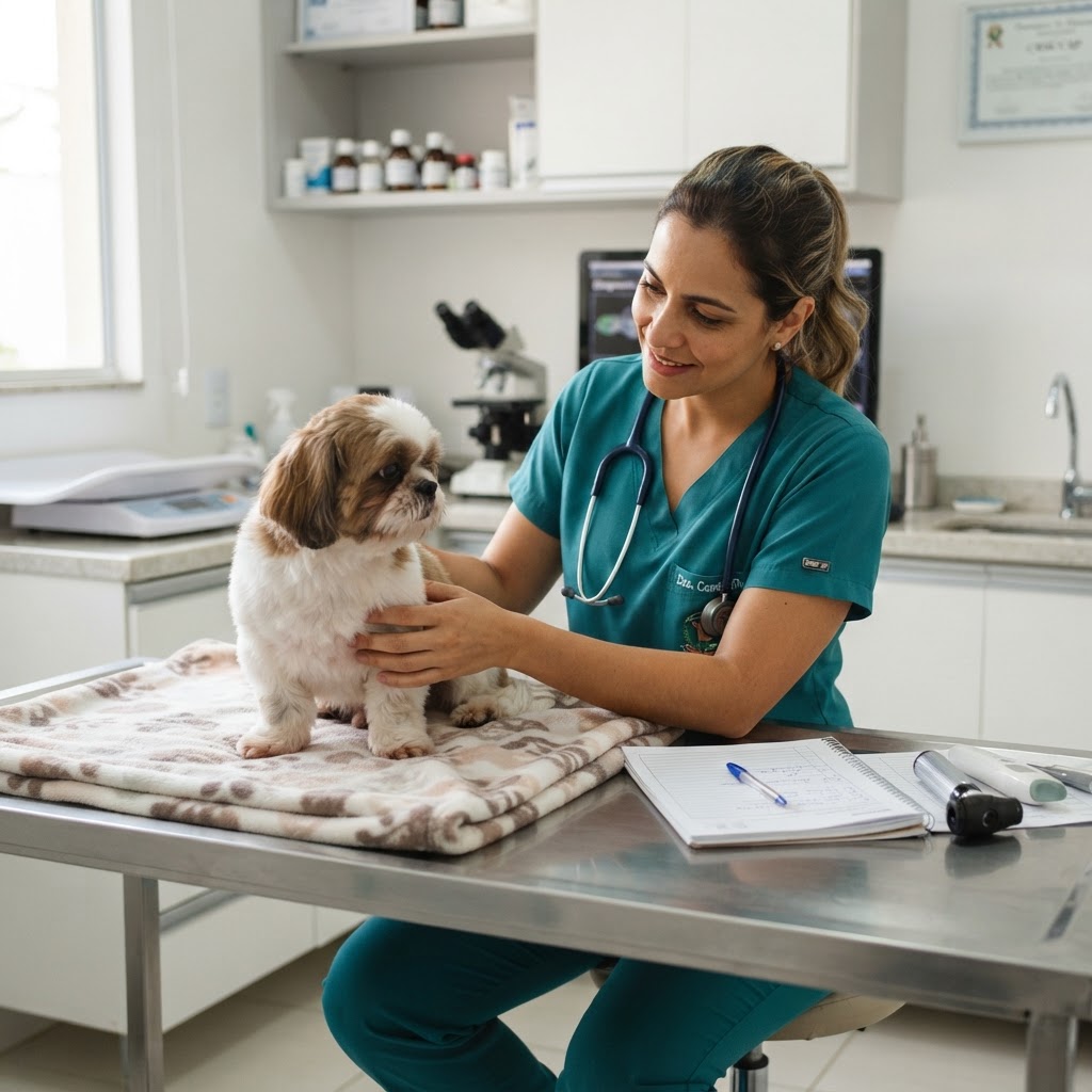 Veterinária examinando cachorro com possível alteração urinária