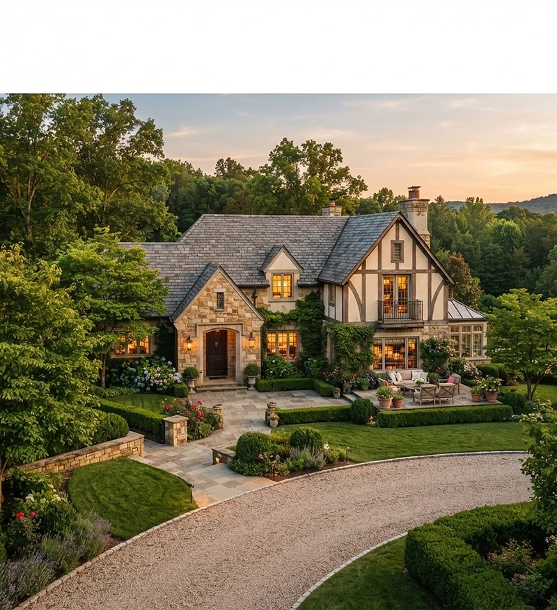 Warm editorial luxury estate at golden hour