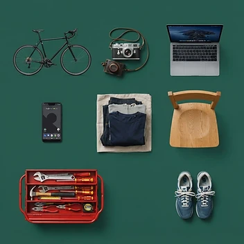 A mix of durable goods traded on BataIt — bicycle, camera, laptop, phone, clothes, furniture, tools, shoes