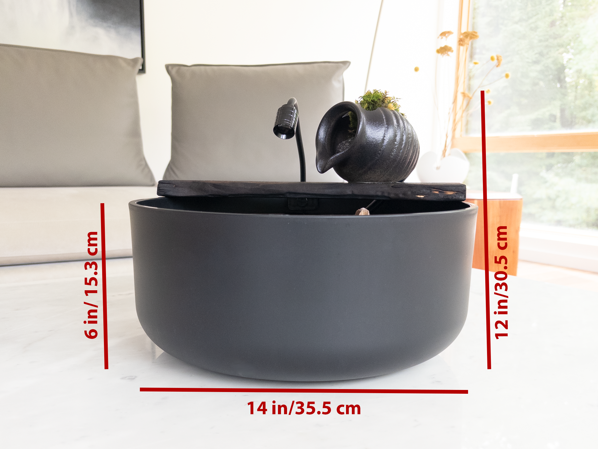 The Sanctuary Vessel — dimensions reference showing 14 in/35.5 cm width, 6 in/15.3 cm height, and 12 in/30.5 cm total height