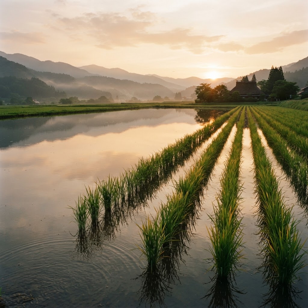 A flooded Japanese rice paddy at golden hour