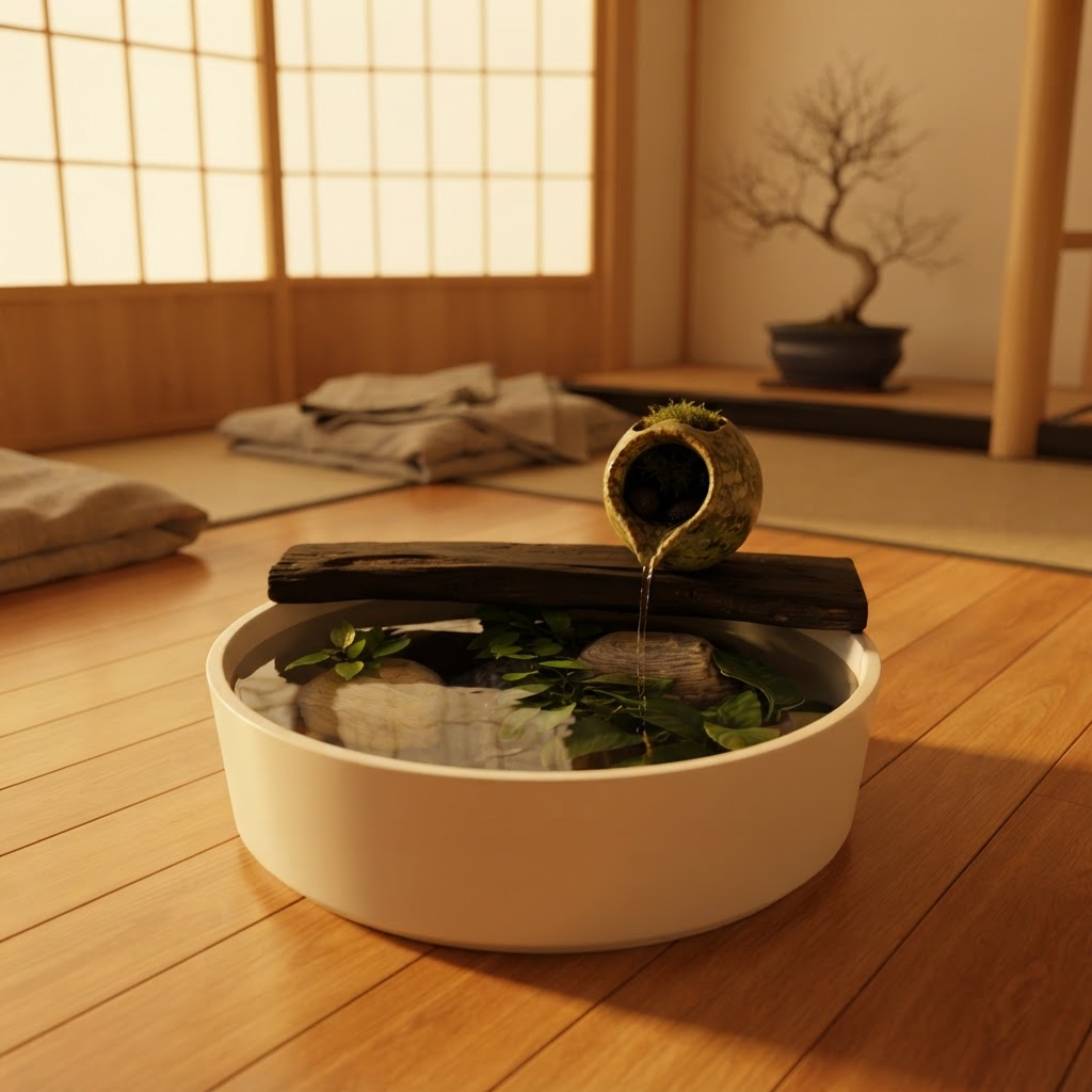 A tranquil Japanese teahouse with an ecosystem bowl at golden hour