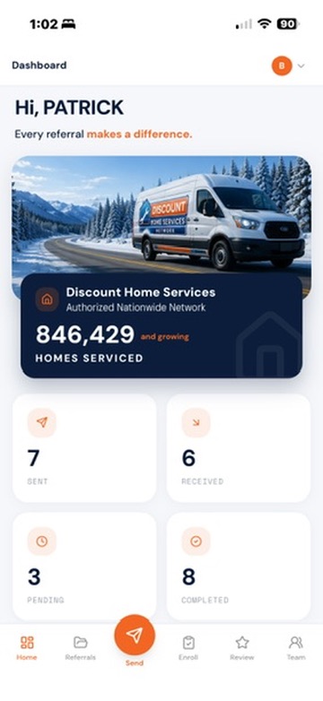 Discount Home Services app showing new jobs, map view, reviews, performance, and marketing