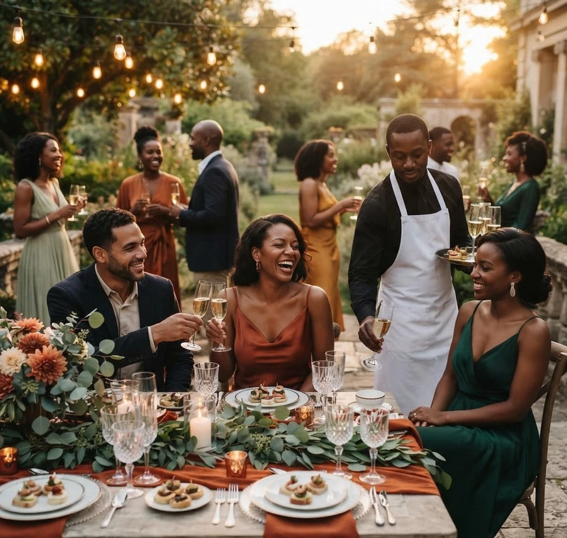 Elegant outdoor catering event at golden hour
