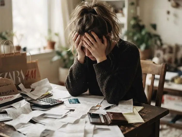 Overwhelmed person surrounded by receipts and shopping bags
