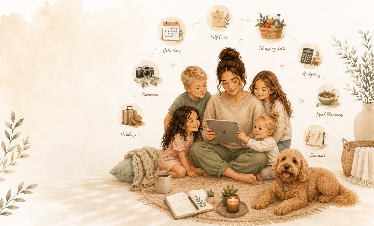 A mother and her children gathered around a tablet, surrounded by family life icons
