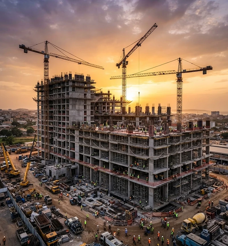 Construction site with cranes at golden hour