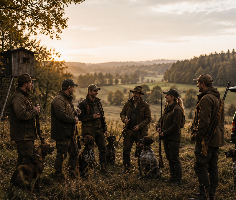 Glückliche deutsche Jäger-Gemeinschaft mit Jagdhunden