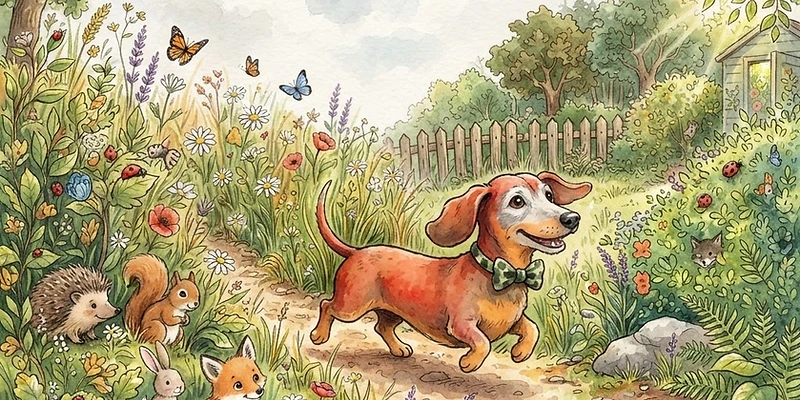 Ween the dachshund in his camouflage bow tie on safari