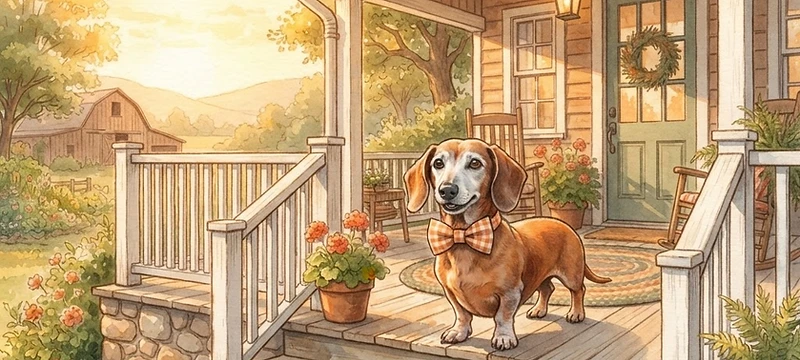 Ween the dachshund in his orange and white checkered bow tie