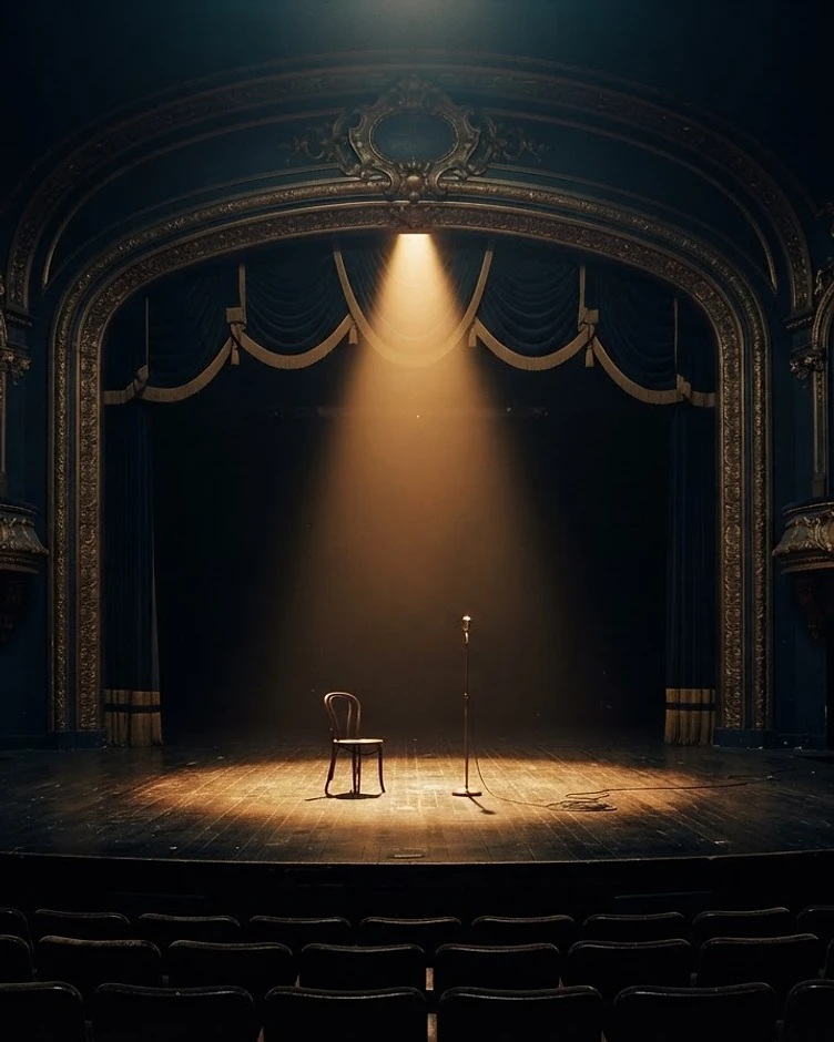 A stage bathed in gold light