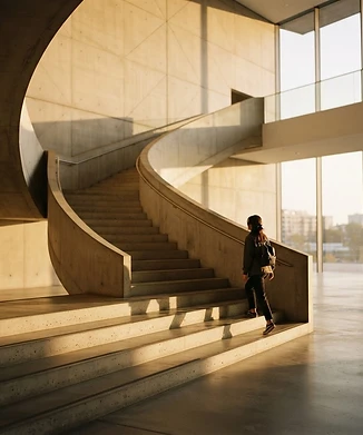 A young person taking the first step up a minimalist concrete stairway, bathed in striking raking light