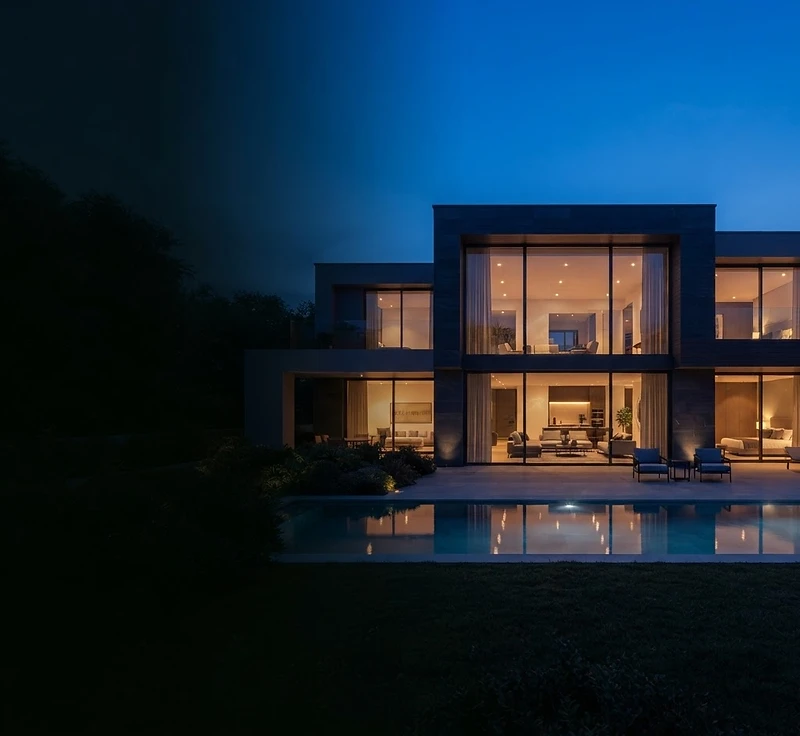 Villa contemporánea iluminada al atardecer