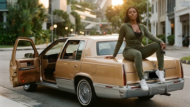 1996 Cadillac Fleetwood slab-inspired build on wire wheels with a candy finish in candy champagne gold over a silver base with a deep clear on a Singapore street with sleek modern facades and warm evening light in late golden-hour light - AAMPED Labs