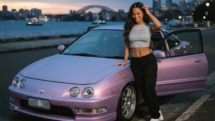 early-2000s Acura Integra coupe tuner build on lightweight multi-spoke wheels and coilovers in a candy lavender pearl that shifts pink at the edges on a Sydney street with warm evening light and a distant harbor in blue hour just after sunset - AAMPED Labs