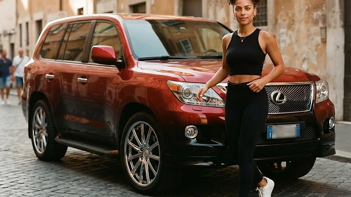 full-size Lexus LX style luxury SUV on large forged wheels in candy red fading into black at the rocker panels on a Rome street with aged ochre buildings and warm afternoon sun in open shade during the day - AAMPED Labs