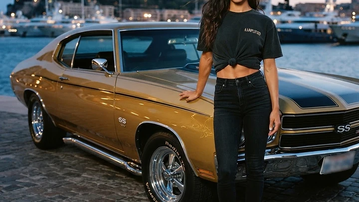 1970 Chevrolet Chevelle SS with dual hood stripes on polished Cragar-style wheels in a deep gold metallic with a mirror-clear coat on a Monaco harborfront road with yachts and warm evening light in blue hour just after sunset - AAMPED Labs