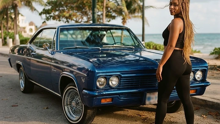 1966 Chevrolet Impala SS coupe, spotless, on chrome wire wheels with thin whitewalls in candy cobalt blue with fine metal flake on a Cancún beachfront strip with palms and warm afternoon sun under trees in the afternoon - AAMPED Labs