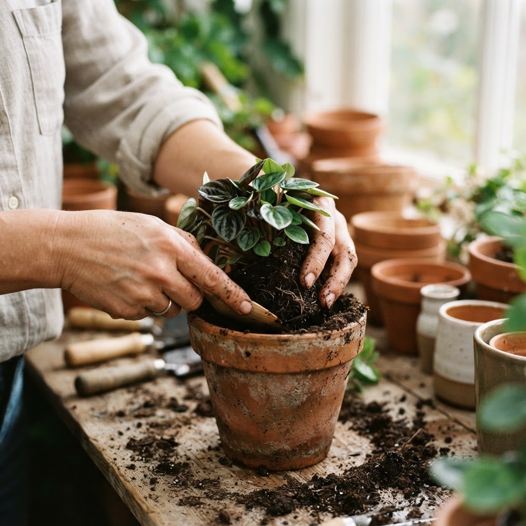 A potted plant resting on a warm wooden table