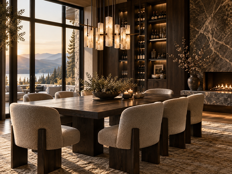 Moody dining room with a walnut table, sculptural pendant light and warm shelving