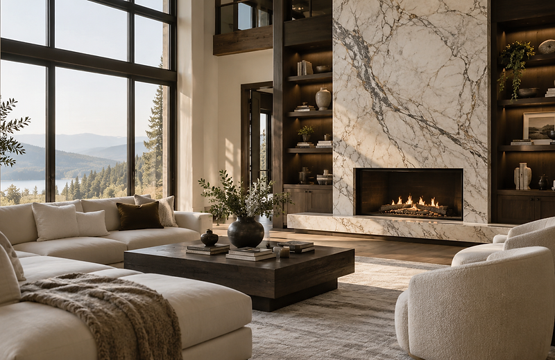 Grand living room with a cream sectional, marble fireplace and floor-to-ceiling windows