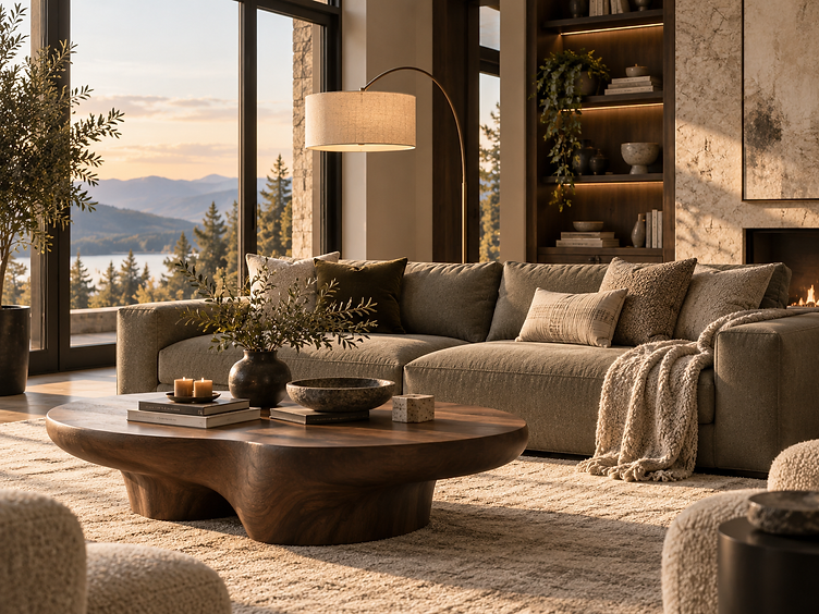 Olive-taupe linen sectional with a sculptural walnut coffee table before mountain-view windows