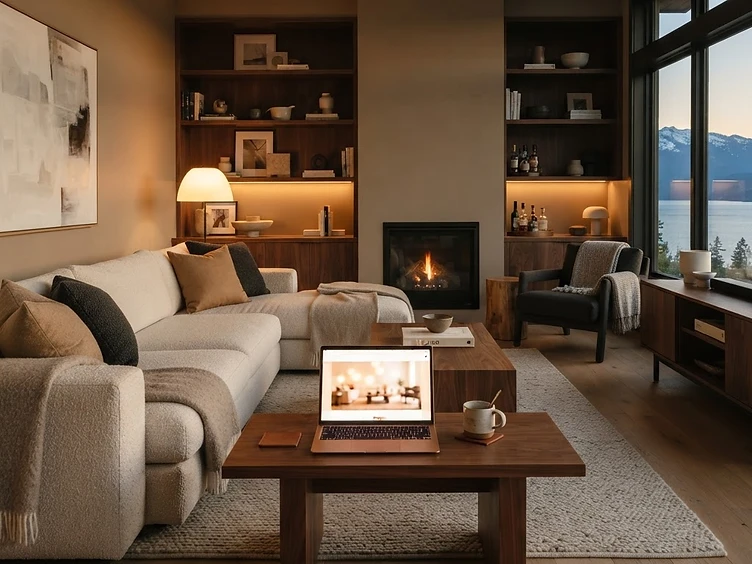 Warm living room with a cream sectional, walnut coffee table and an open laptop browsing furniture